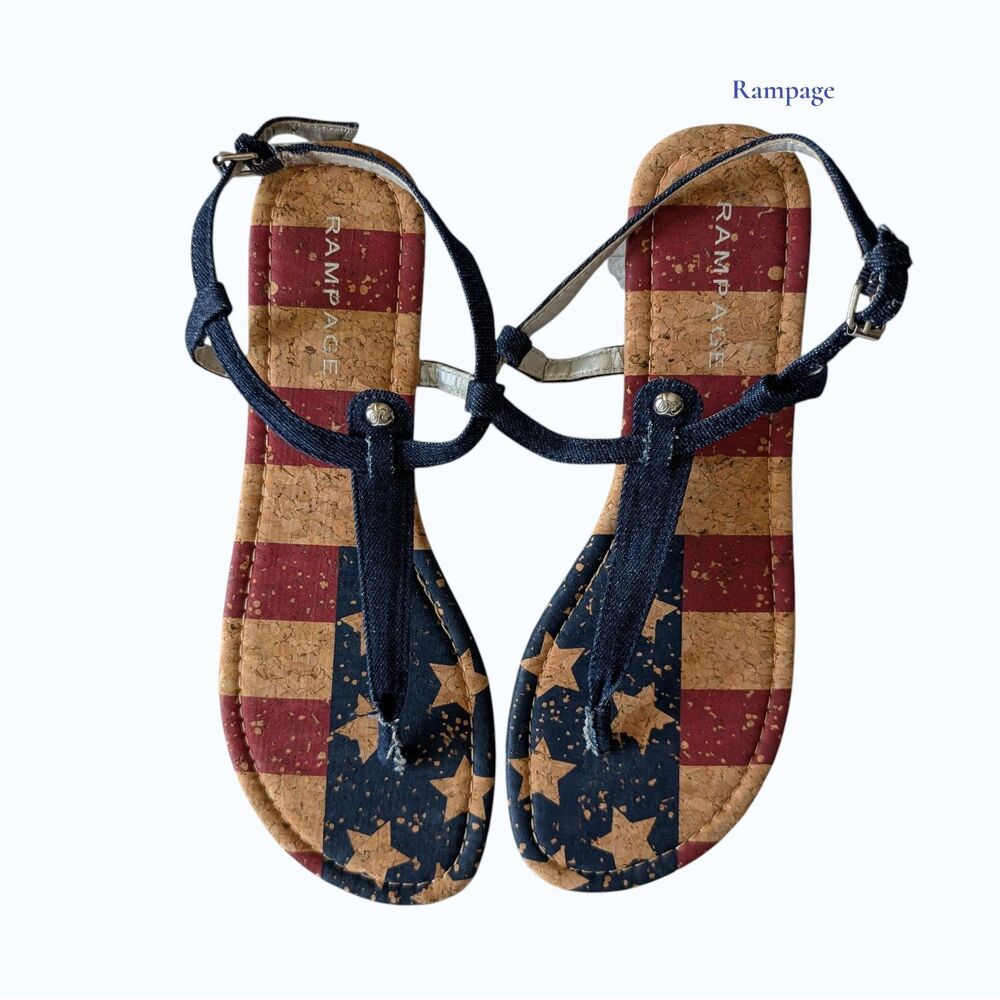 Rampage Pashmina Thong Sandals 9.5M Patriotic Stars Stripes Cork Look